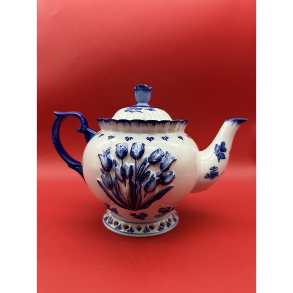 Vintage Delft Blue Teapot Raised Tulips Holland Hand Painted